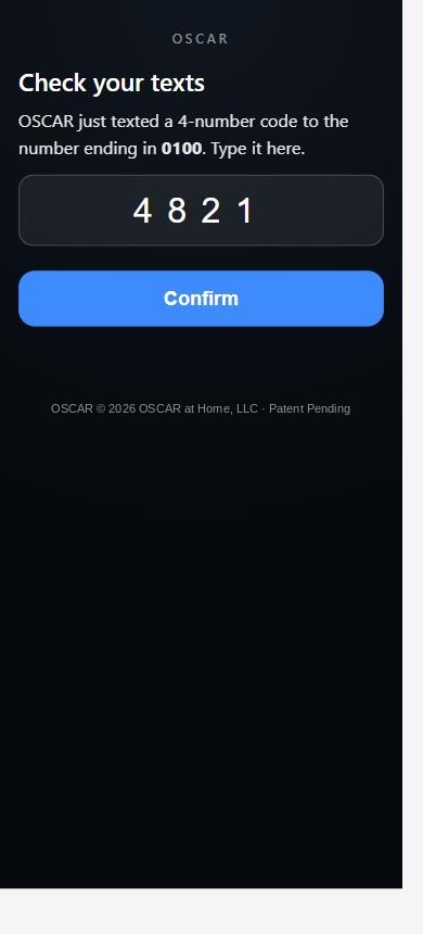 The confirmation step: a box to type the 4-digit code OSCAR texted