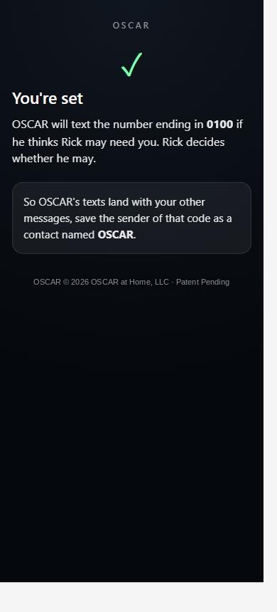The finished screen: You're set, OSCAR will text the number ending in 0100